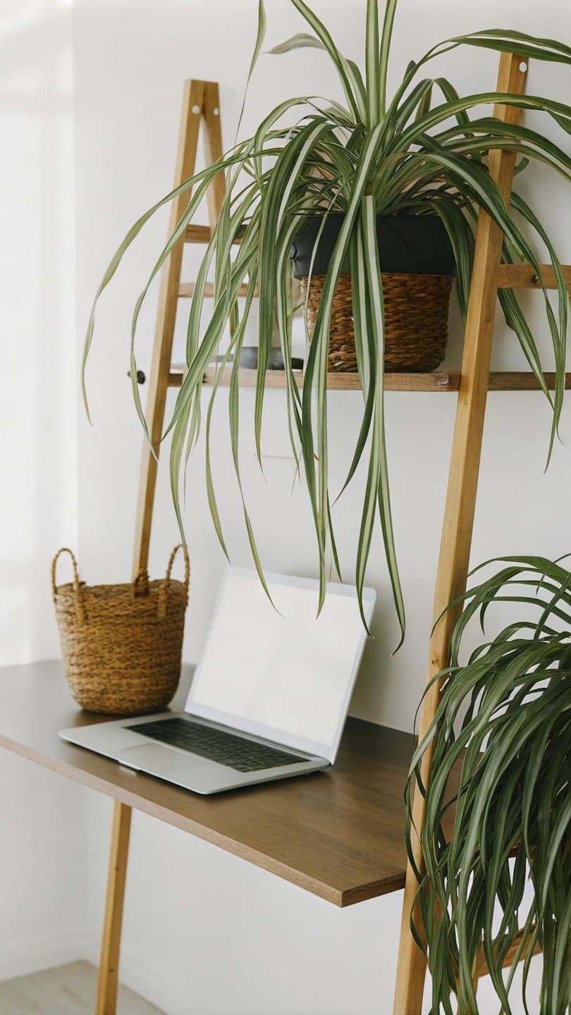 Silver laptop on a wooden desk with plants.