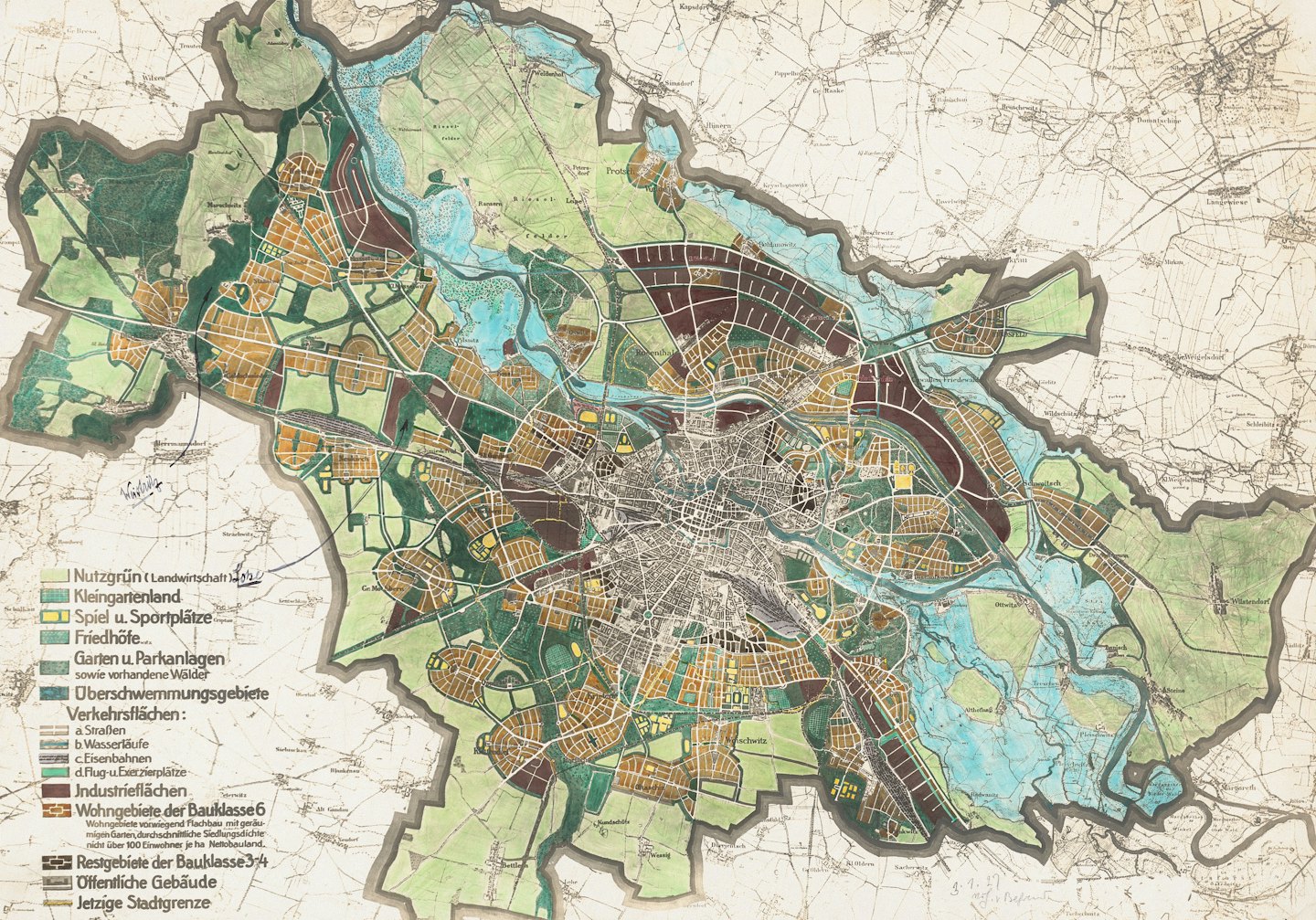 Antique urban planning map showing city districts and land use.